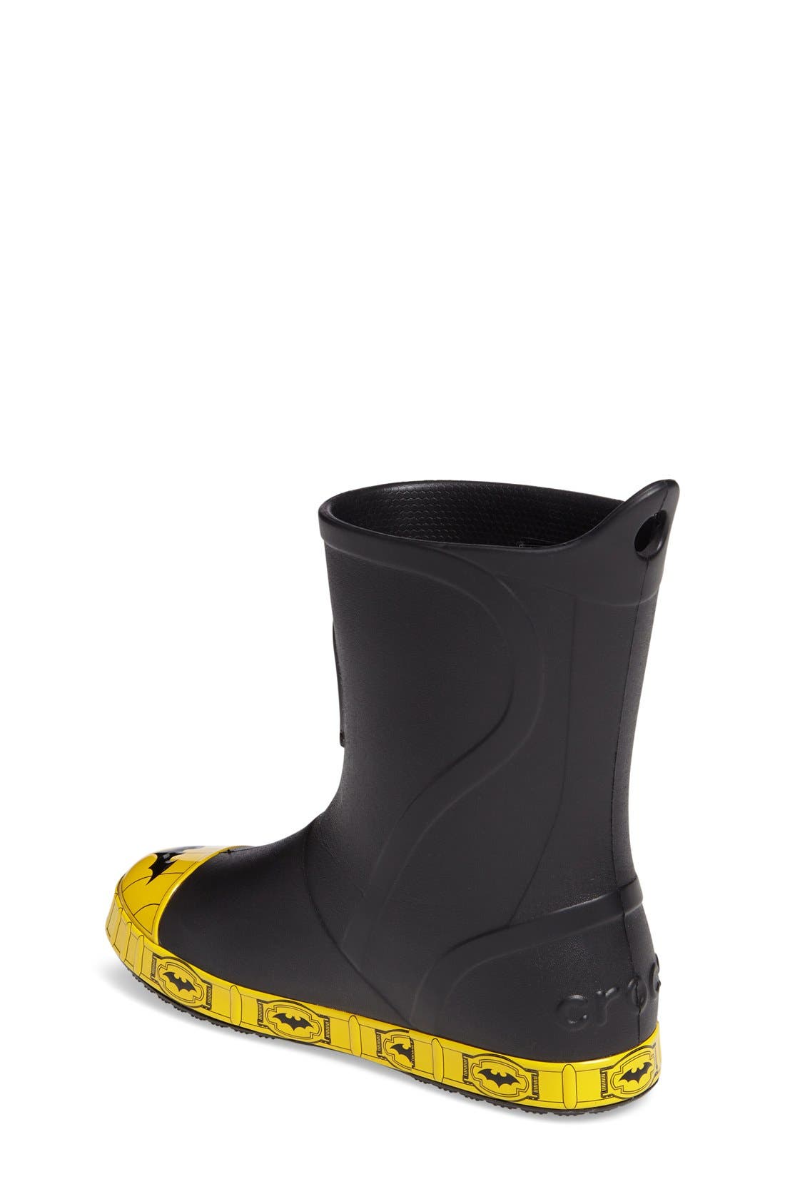 CROCS™ Bump It Batman Waterproof Rain Boot, Alternate, color, BLACK