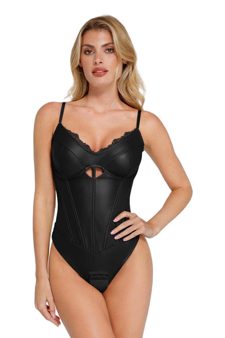 Shapewear Faux Leather Hourglass Cutout Corset Bodysuit, Alternate, color, Midnight Black