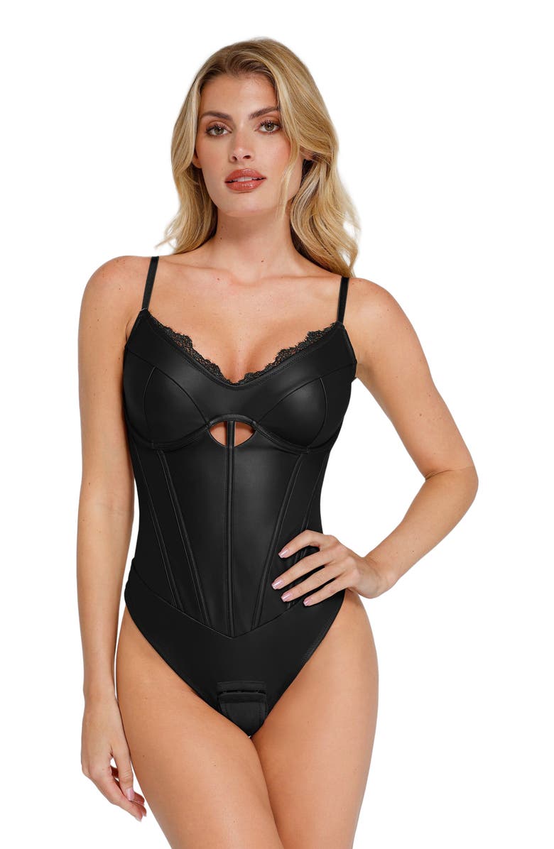 Popilush Shapewear Faux Leather Hourglass Cutout Corset Bodysuit, Alternate, color, Midnight Black