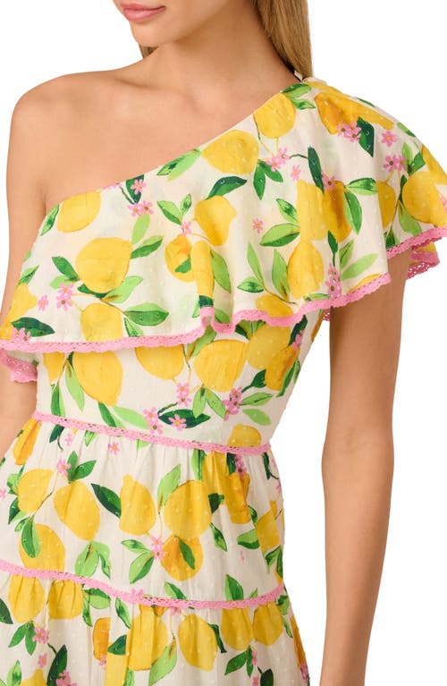 ADRIANNA PAPELL ADRIANNA PAPELL PRINT CLIP DOT RUFFLE ONE-SHOULDER TIERED MINIDRESS