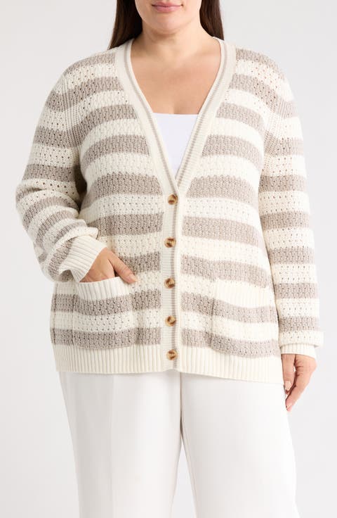 Stripe Open Stitch Cotton Blend Cardigan (Plus)