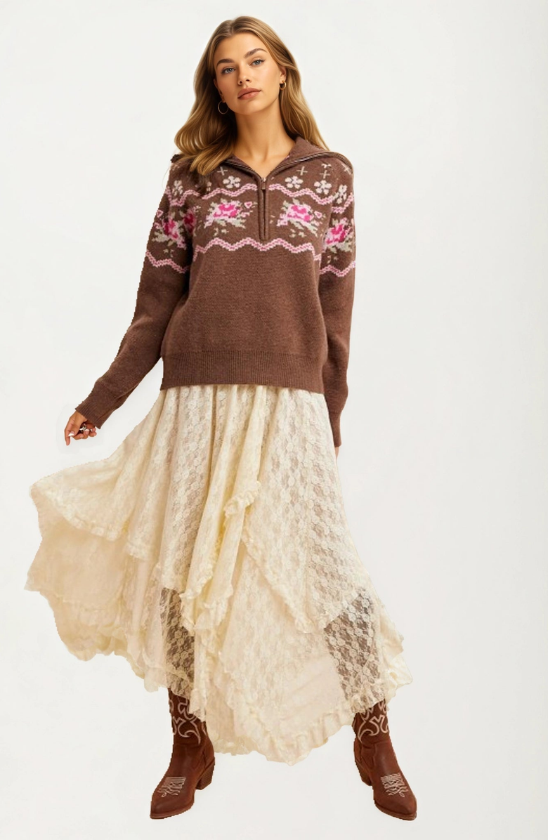 Knit and Lounge Half-Zip Floral Fair Isle Sweater, Alternate, color, Brown Floral
