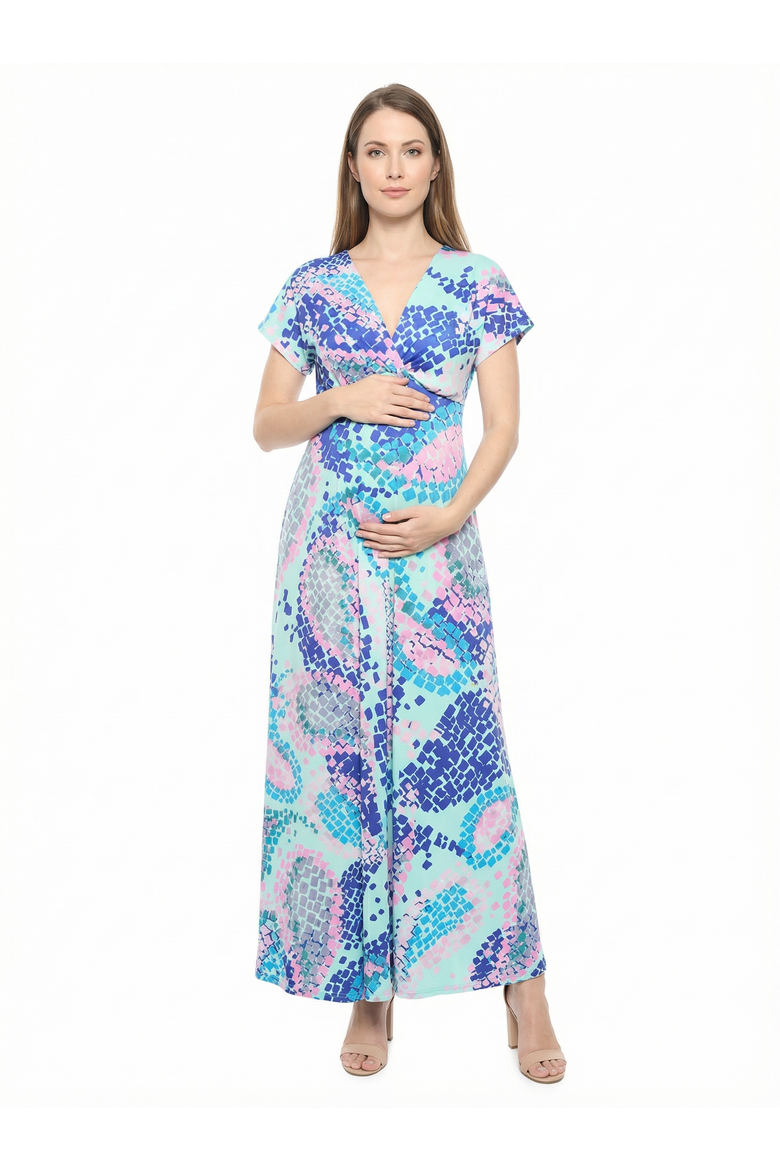 Maternity Abstract V-Neck Empire Waist Cap Sleeve Maxi Dress, Main, color, Blue Multi