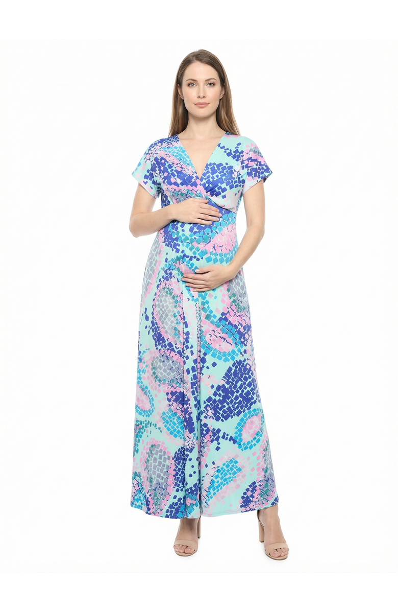24seven Comfort Apparel Maternity Abstract V-Neck Empire Waist Cap Sleeve Maxi Dress, Main, color, Blue Multi