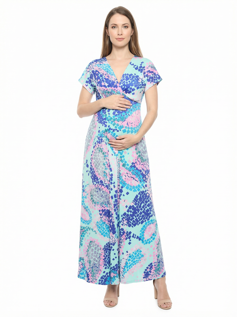Maternity Abstract V-Neck Empire Waist Cap Sleeve Maxi Dress