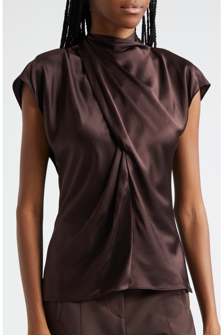 Leilany Tie Neck Silk Top, Alternate, color, DARK CHOCOLATE