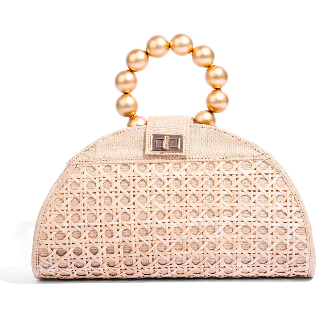 Soli & Sun The Isabella Tan Rattan Solihiya Weave And Gold Bead Top Handle Statement Bag