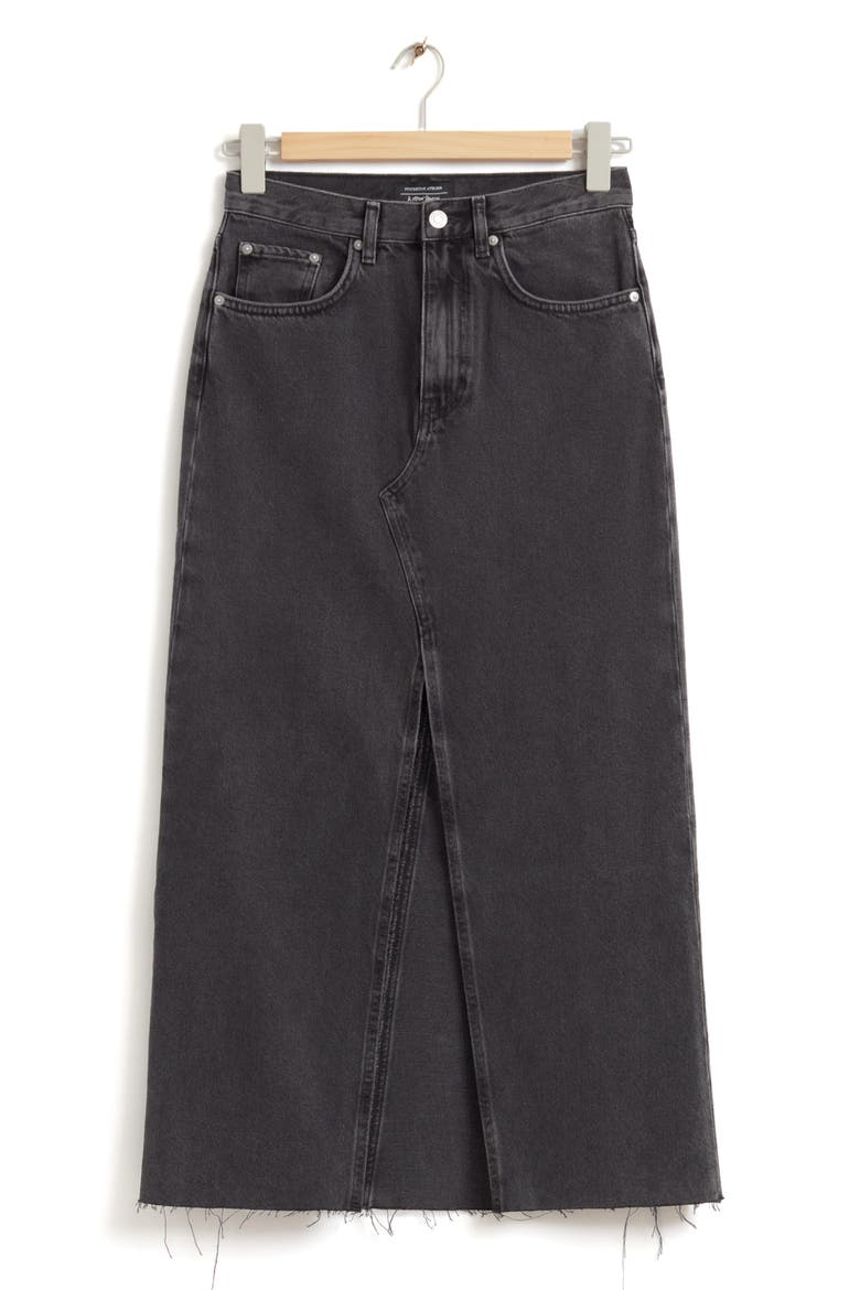 Denim Raw Hem Midi Skirt, Alternate, color, BLACK WASHED