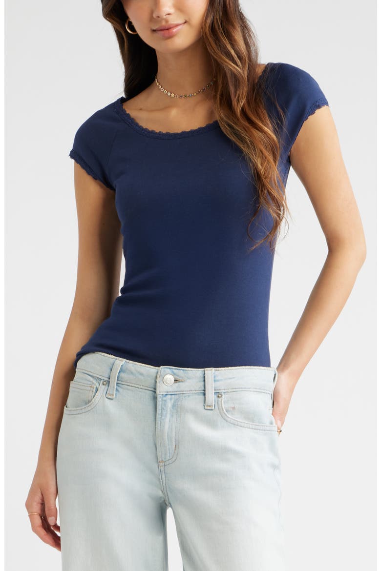 Lace Trim Cotton Blend T-Shirt, Main, color, NAVY IRIS