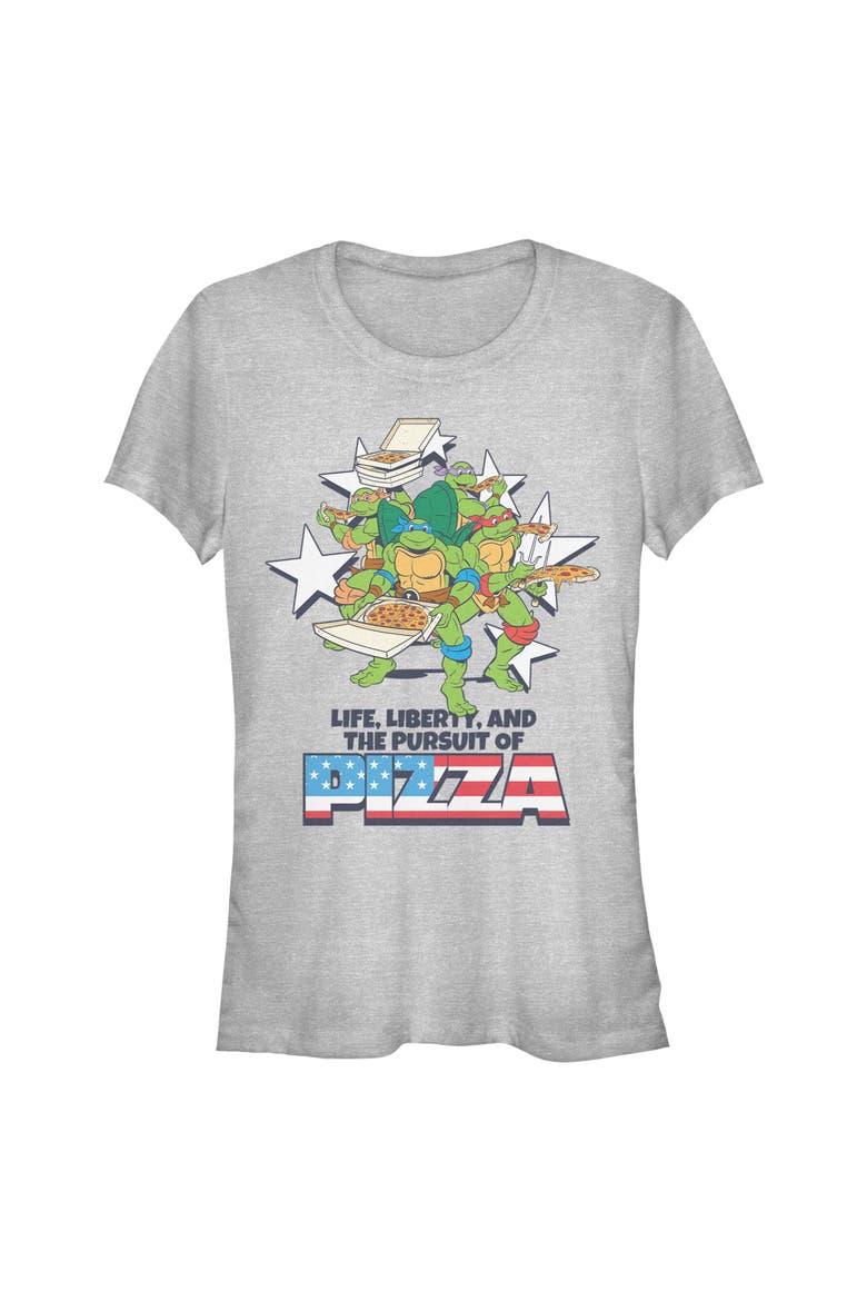Juniors Teenage Mutant Ninja Turtles Liberty and the Pursuit of Pizza T Shirt, Main, color, Athletic Heather