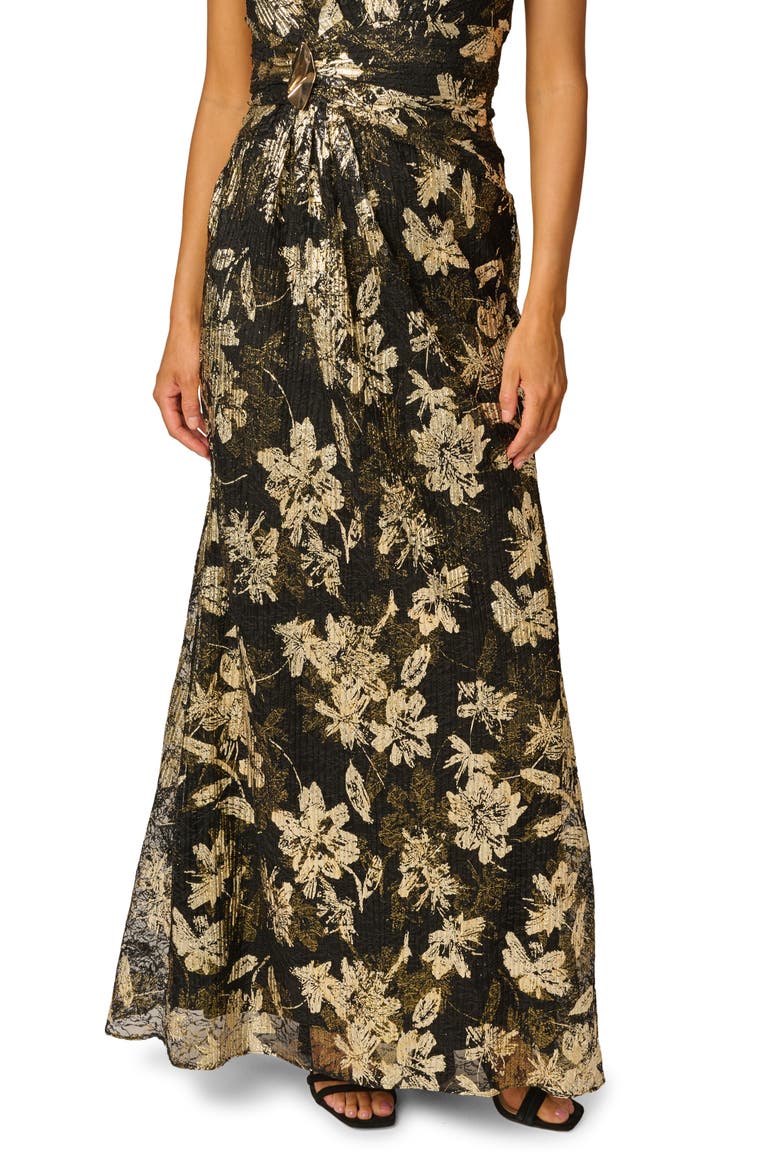 Metallic Lace Shirred Halter Gown, Alternate, color, BLACK/ GOLD