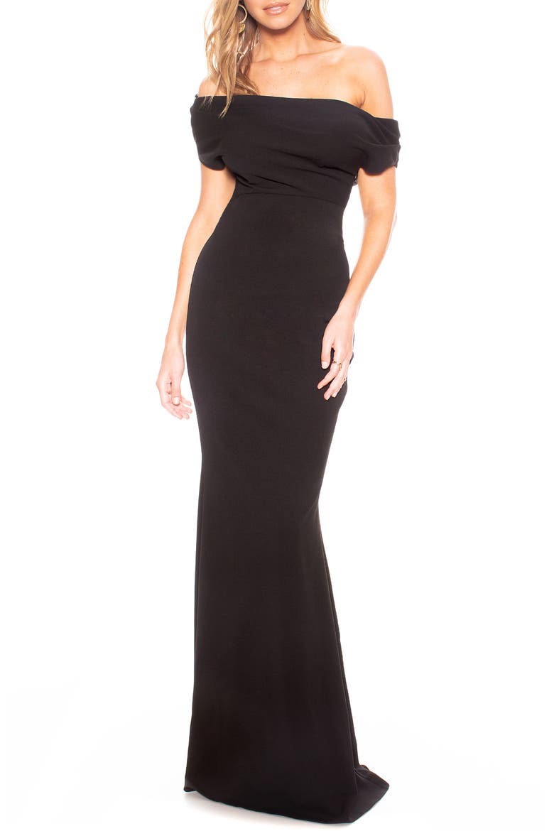 Hannah Off the Shoulder Crepe Trumpet Gown, Main, color, BLACK