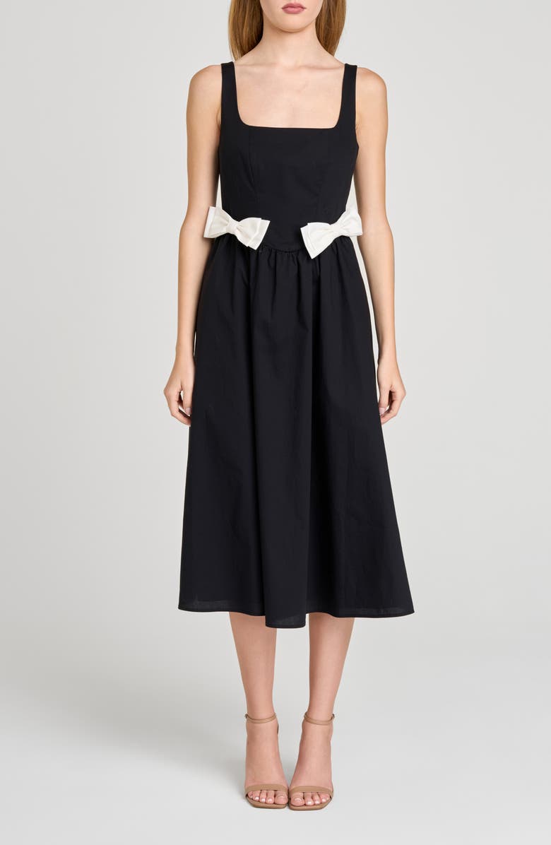 WAYF Lizzy Bow Trim Midi Dress, Main, color, Black