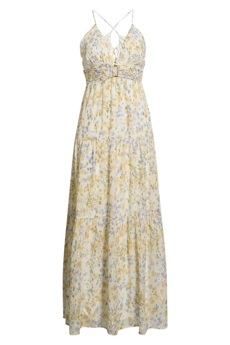 The Liora Metallic Floral Tiered Maxi Dress, Main, color, EGRET