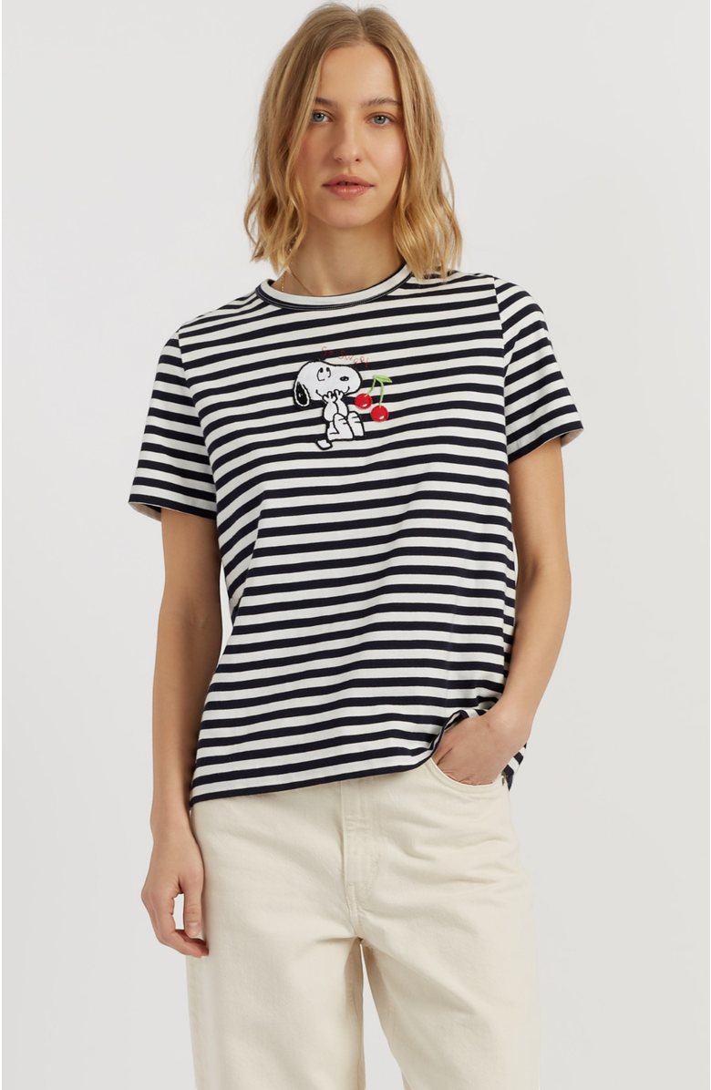 Chinti & Parker Cotton Snoopy Breton Cherry T-Shirt, Main, color, Blue/Cream