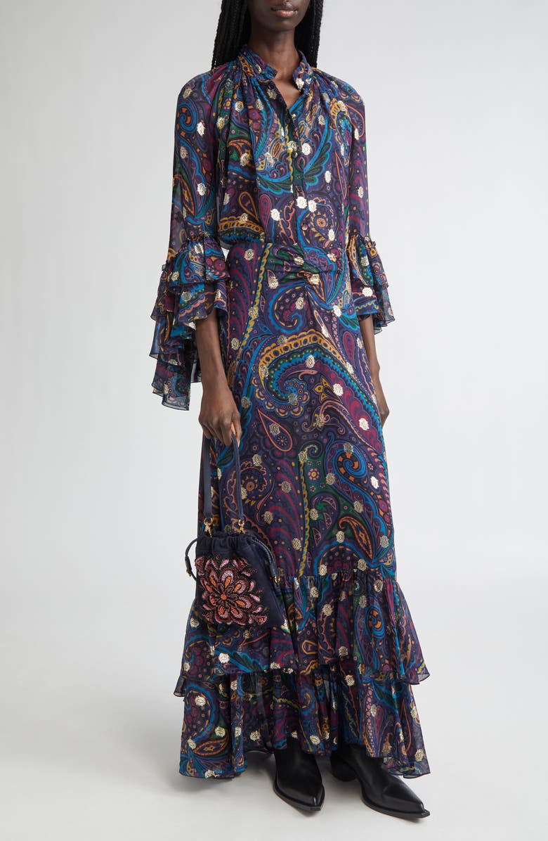 Etro Metallic Paisley Silk Shirt, Alternate, color, Stampa F.do Blu
