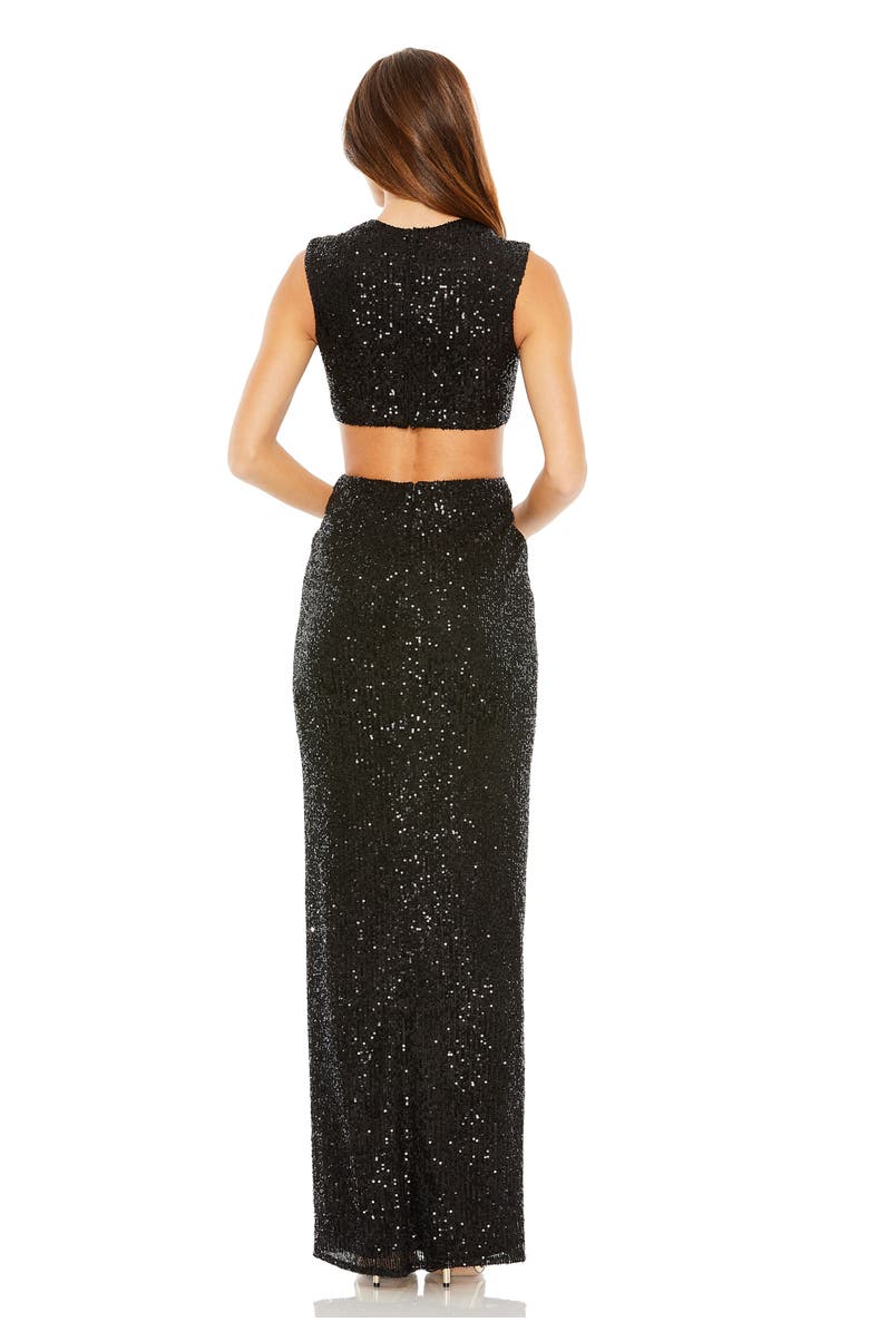 Mac Duggal Sequin Twist Cut Out Open Back Gown, Alternate, color, Black