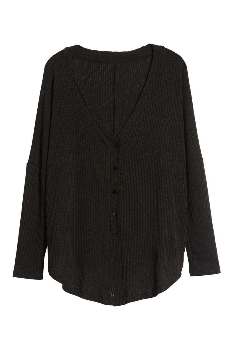 Button Front Ribbed Knit Top, Alternate, color, BLACK