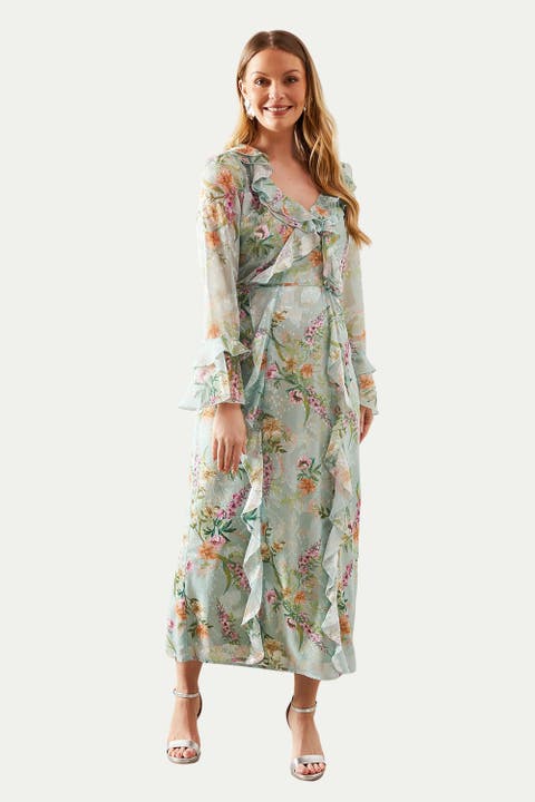 Floral Ruffle Belted Midaxi Dress