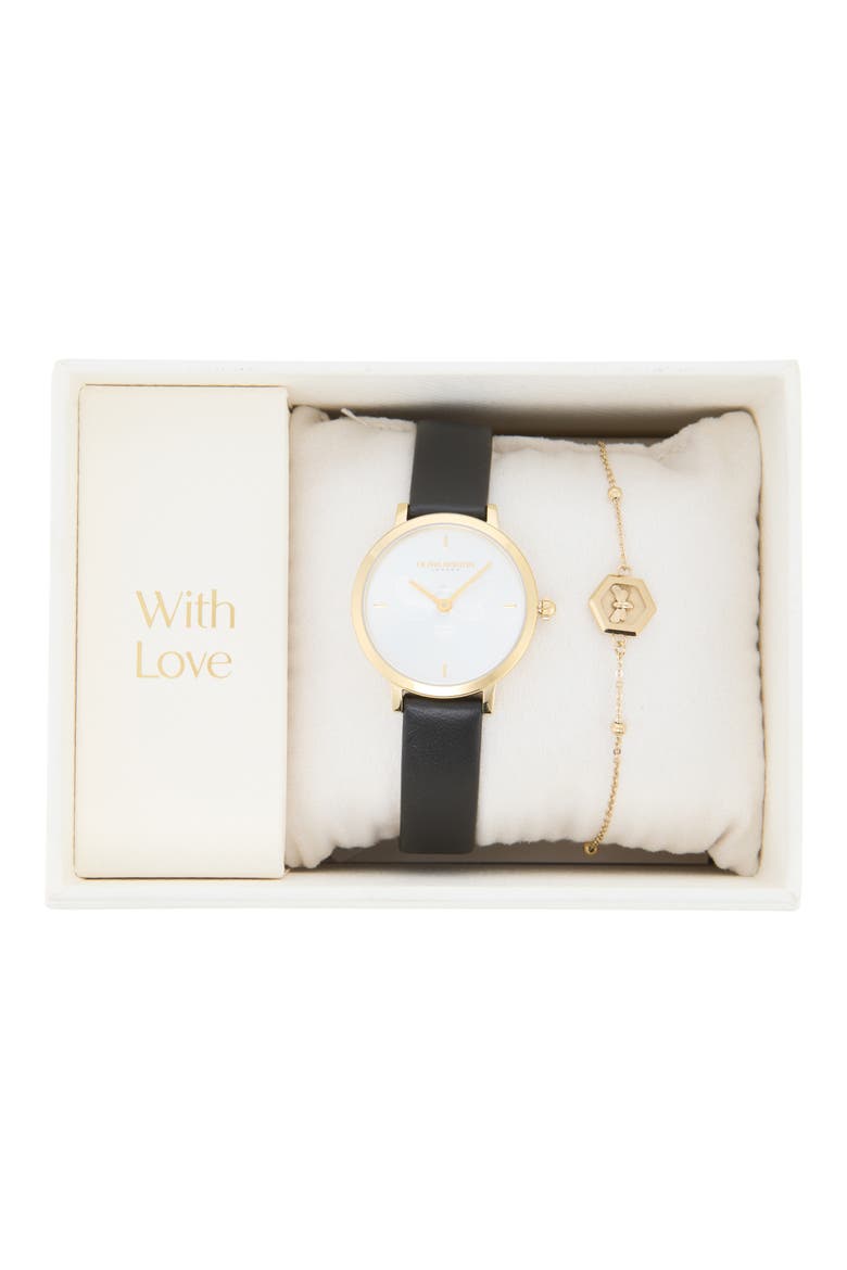 Minima Bee Leather Strap Watch, 28mm & Charm Bracelet Set, Alternate, color, SILVER WHITE