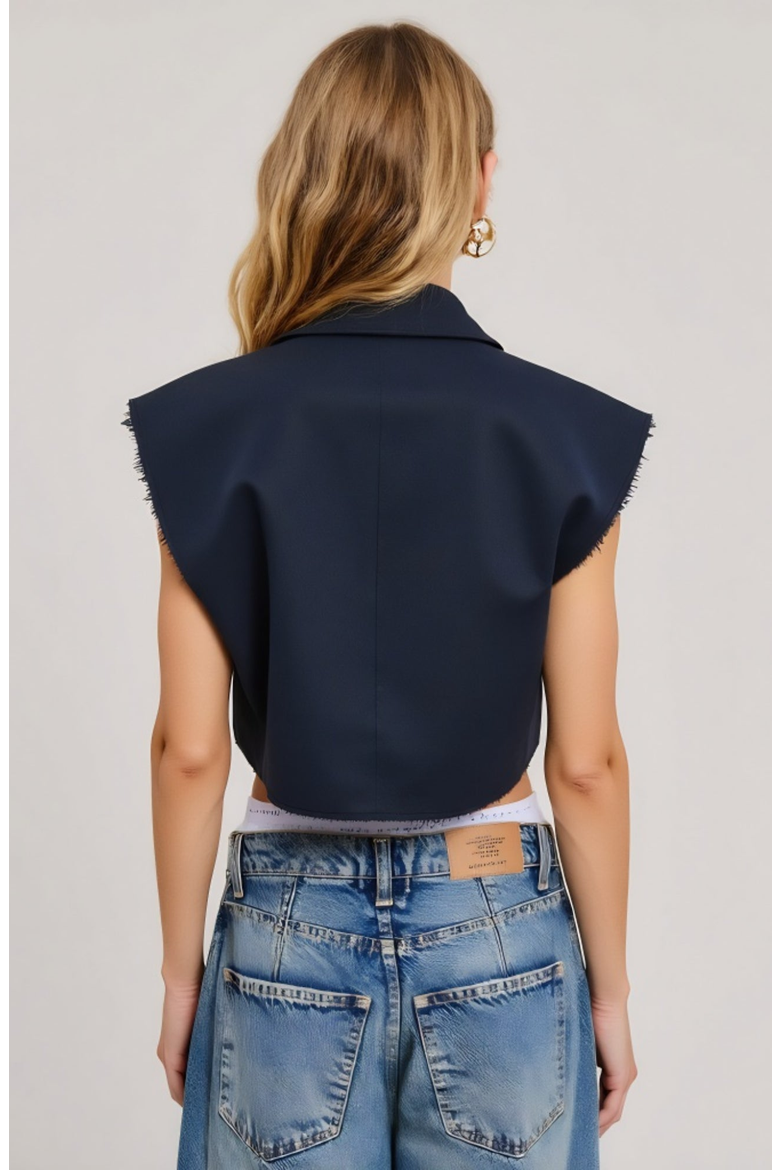 Sleeveless Cropped Tailored Collar Raw Edge Hem Blazer Vest, Alternate, color, Blue