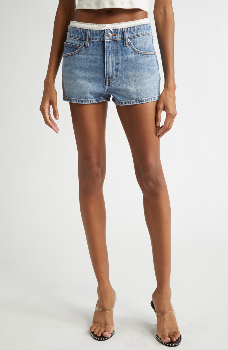 Alexander Wang Pointelle Waistband High Waist Denim Mini Shorts, Main, color, Vintage Light Indigo