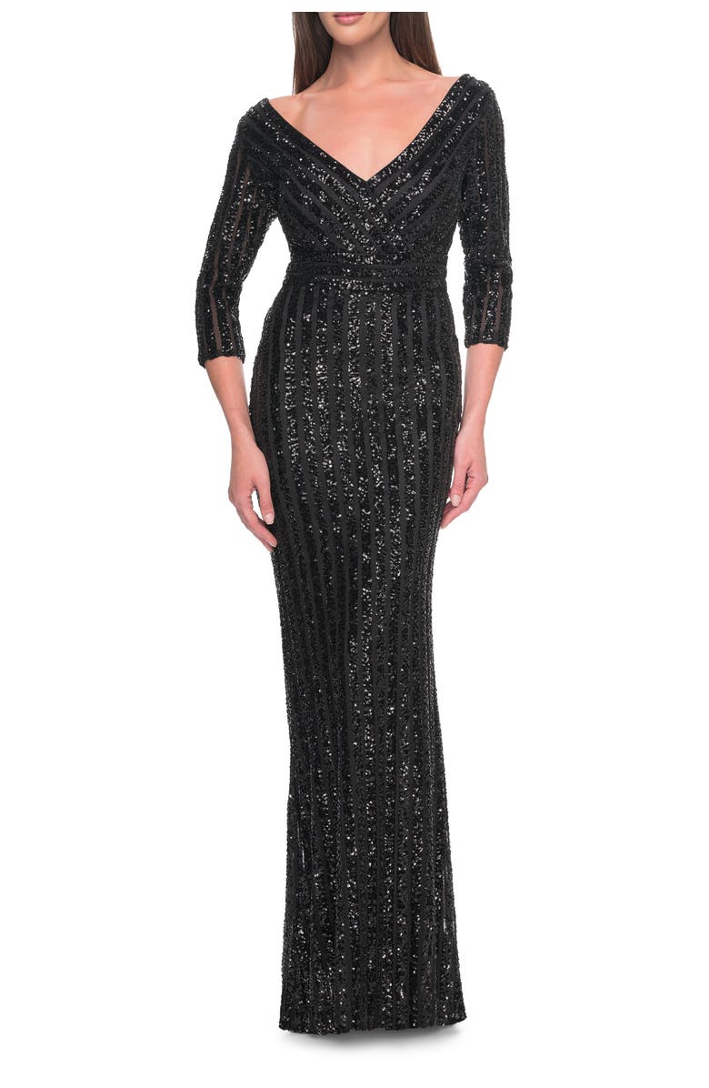 La Femme Evening Dress in Unique Sequin Fabric with Sleeves, Main, color, Black
