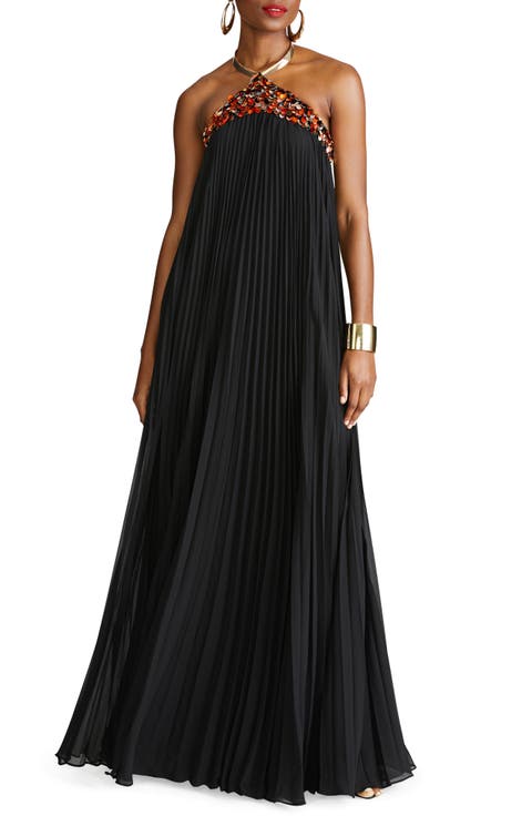 Pythia Pleated Chiffon Halter Neck Gown