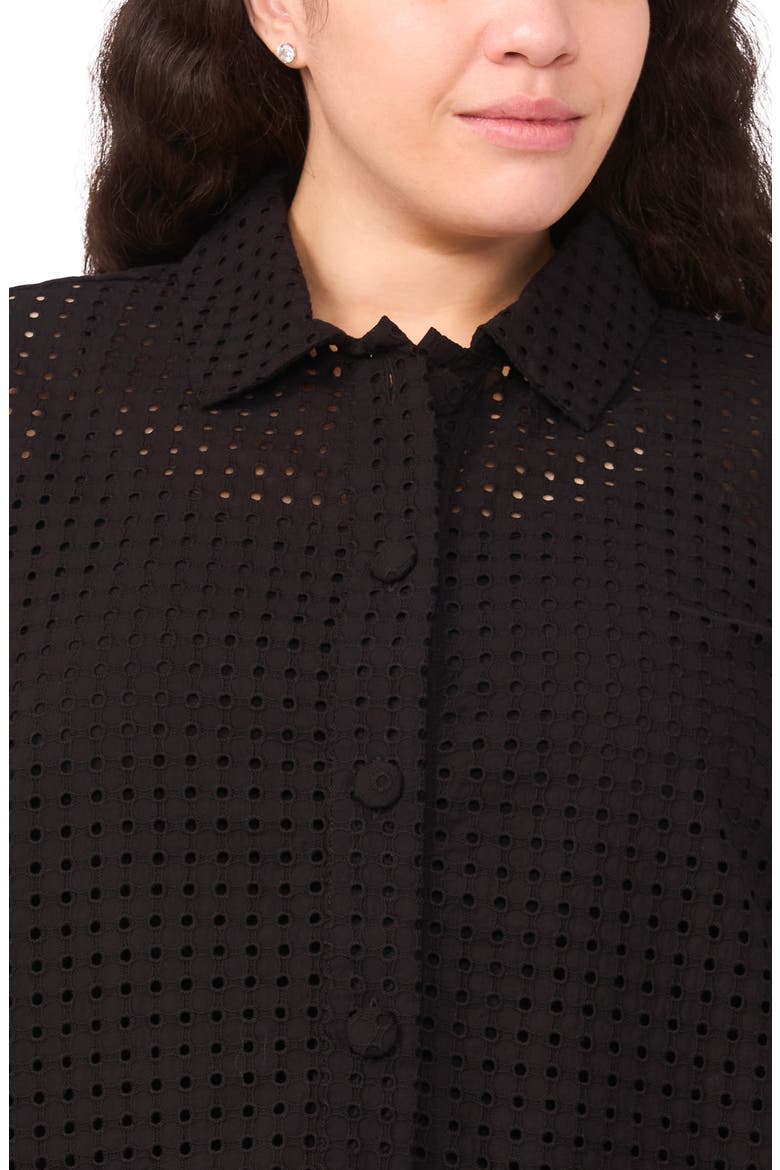Eyelet Short Sleeve Button-Up Shirt, Alternate, color, RICH BLACK 060