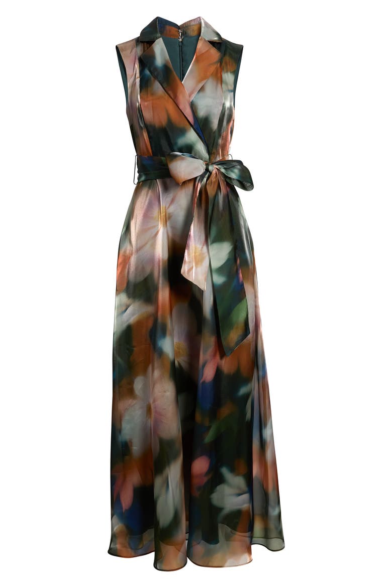 Print Tie Waist Sleeveless Organza Gown, Alternate, color, BROWN MULTI