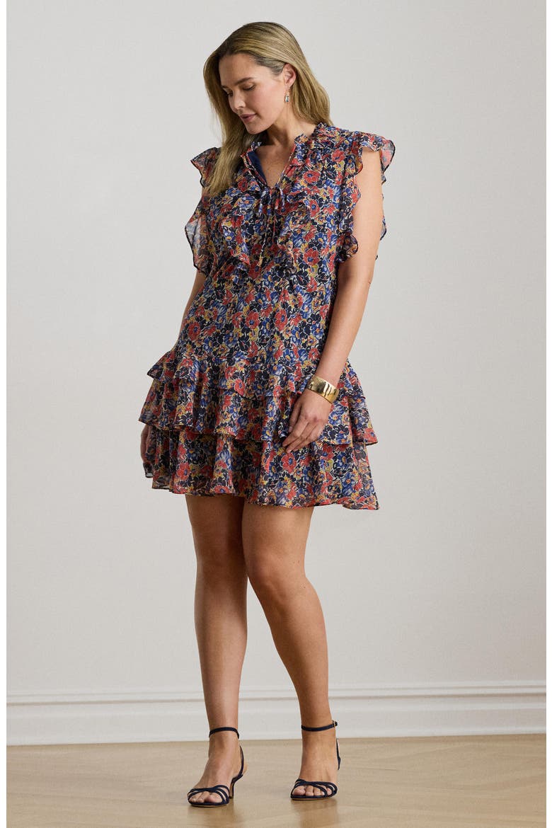 Floral Ruffle Crinkle Georgette Dress, Alternate, color, CREAM/ RED/ BLUE