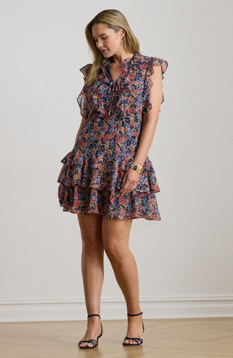 Lauren Ralph Lauren Floral Ruffle Crinkle Georgette Dress, Alternate, color, Cream/ Red/ Blue
