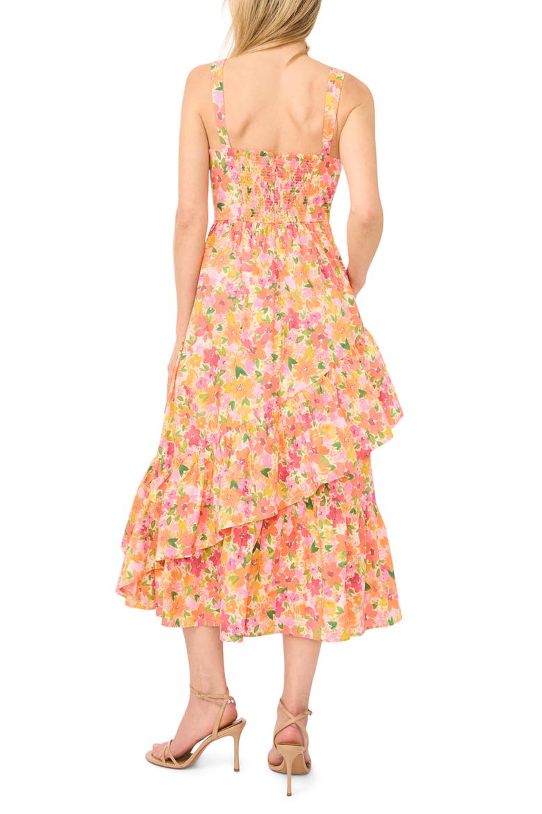 Asymmetric Ruffle Floral Print Midi Dress, Alternate, color, CLARET RED