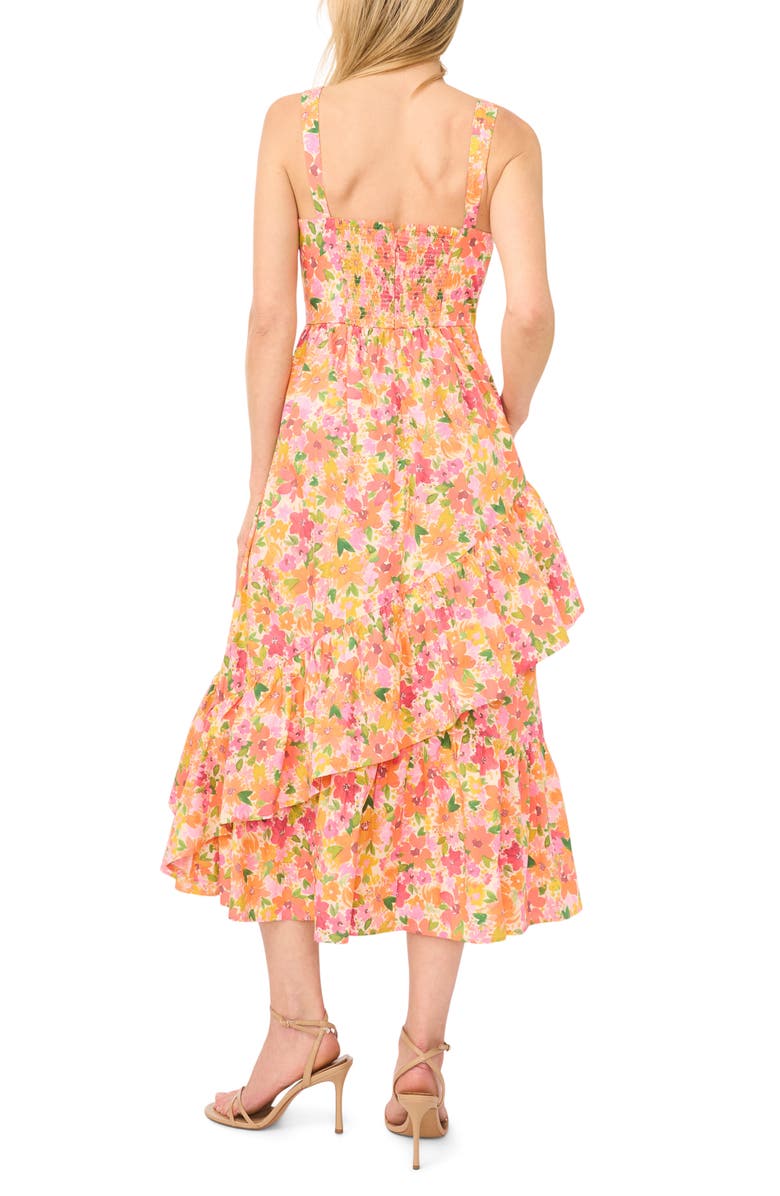 CeCe Asymmetric Ruffle Floral Print Midi Dress, Alternate, color, Claret Red