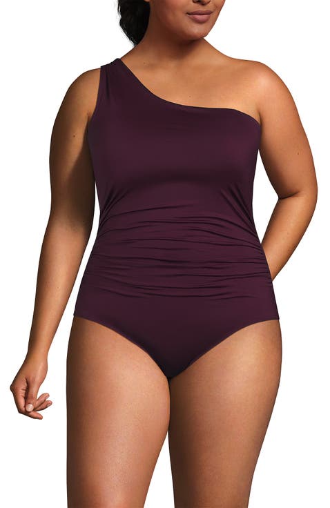 Womens Chlorine Resistant Shirred One Shoulder One Piece Swimsuit Removable Adjustable Strap