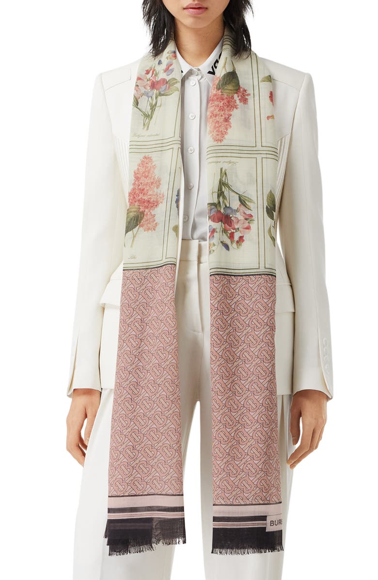 Burberry Monogram & Botanical Print Silk & Wool Scarf, Alternate, color, 