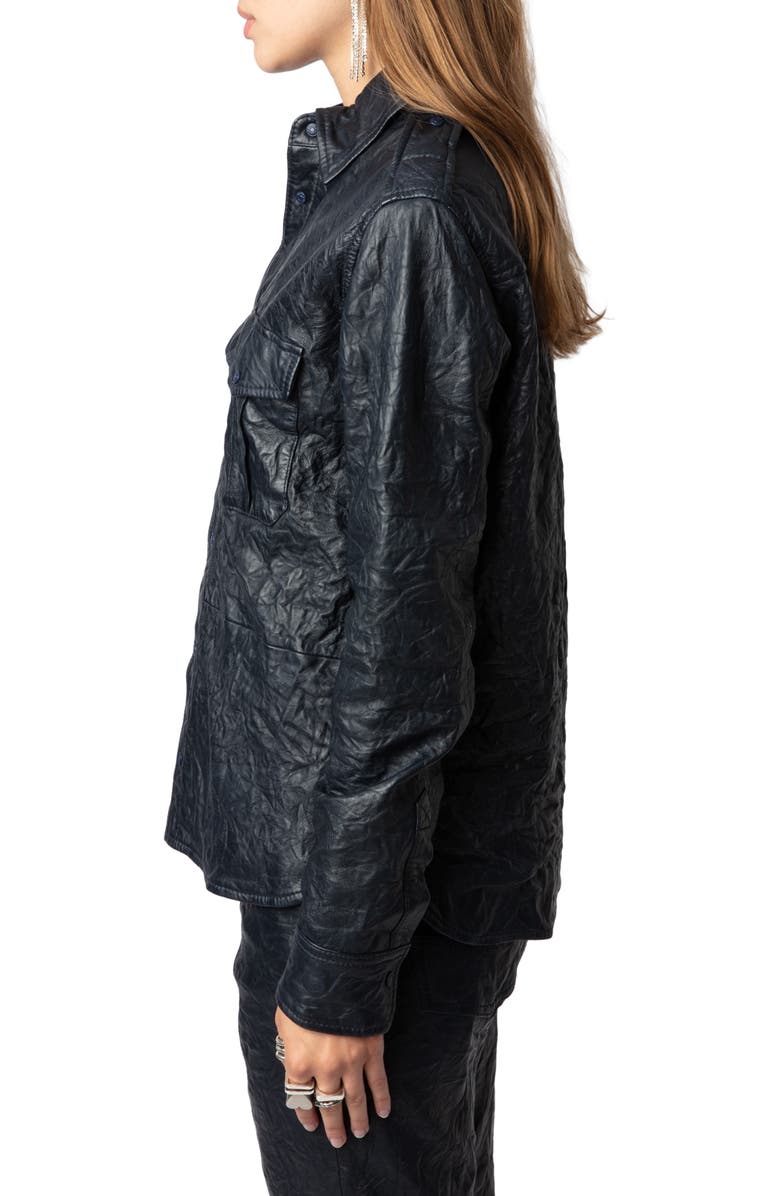 Zadig & Voltaire Taska Cuir Froisse Leather Snap-Up Shirt, Alternate, color,