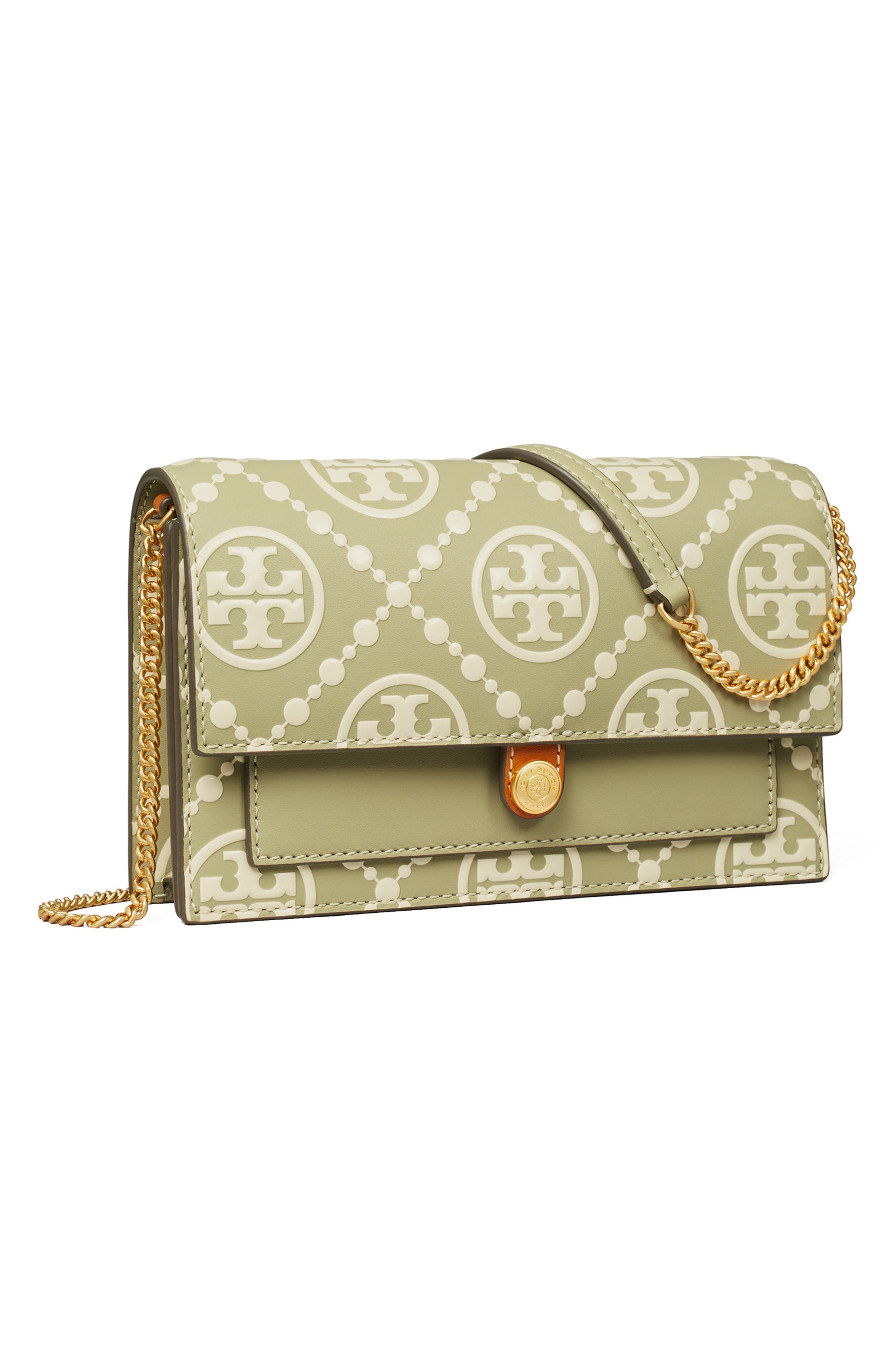 T-Monogram Embossed Leather Wallet on a Chain, Alternate, color, OLIVE SPRIG