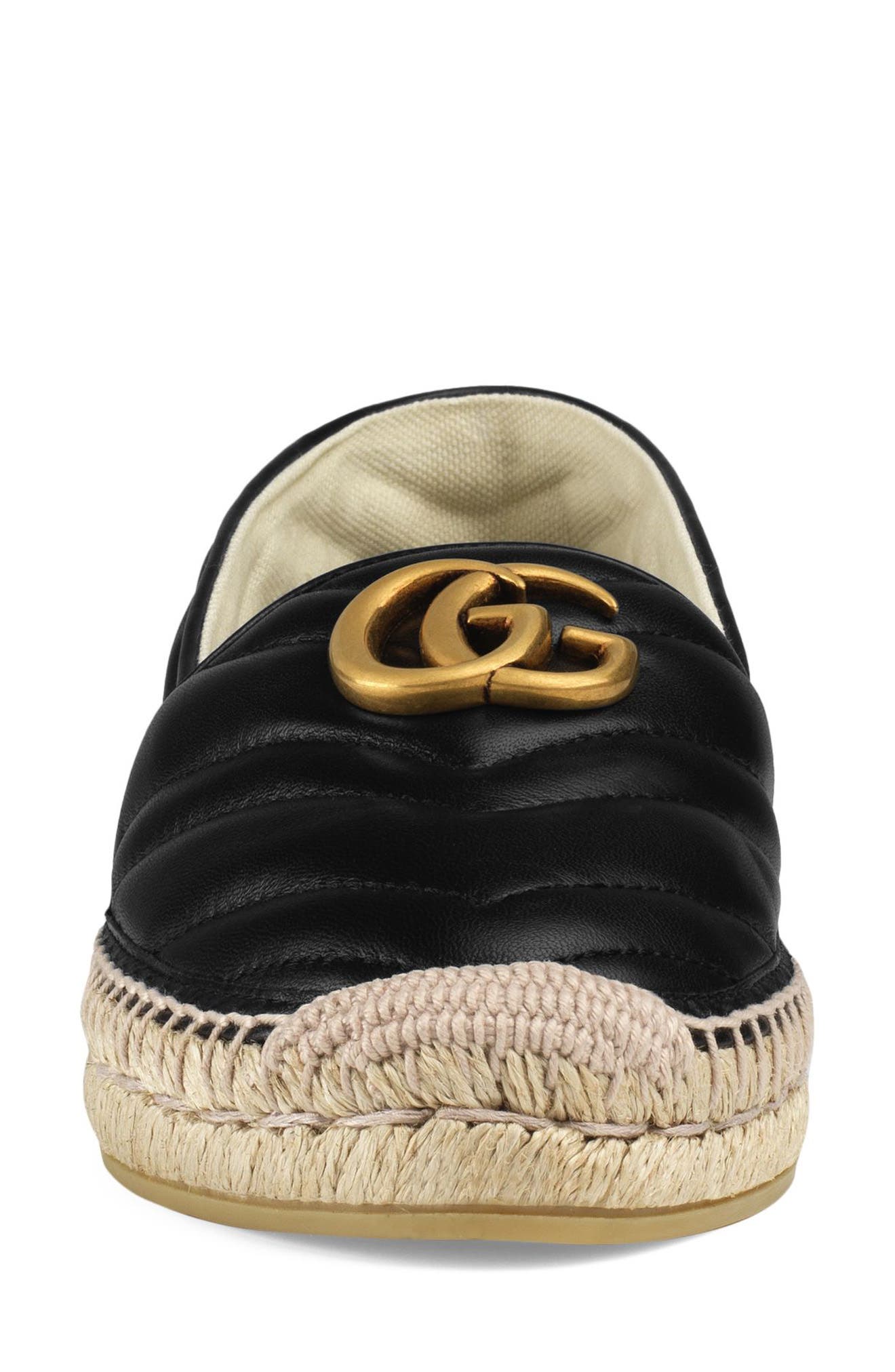 Gucci Pilar GG Matelassé Chevron Flat Espadrille, Alternate, color, Black Leather