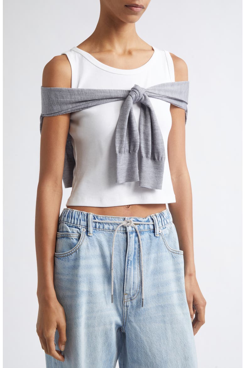Pre-Styled Draped Cardigan Crop Tank, Alternate, color, HEATHER GREY/ WHITE