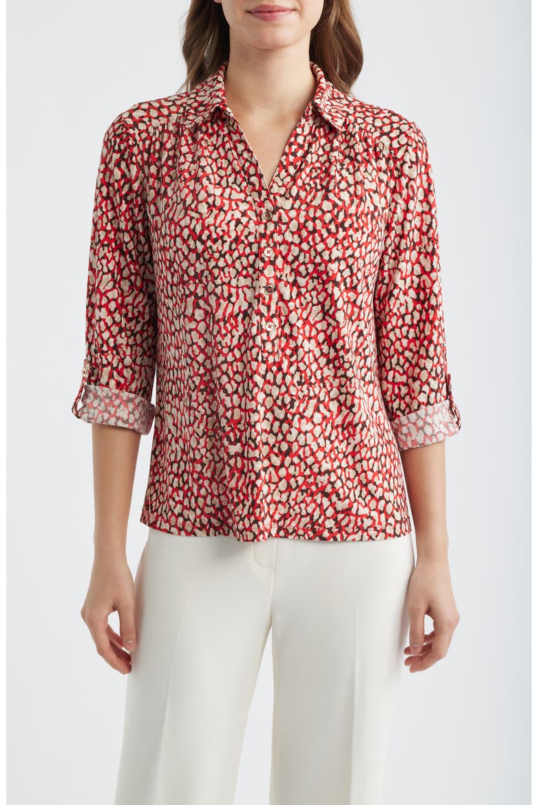 Abstract Print Button-Up Shirt, Main, color, BEGONIA RED MLT