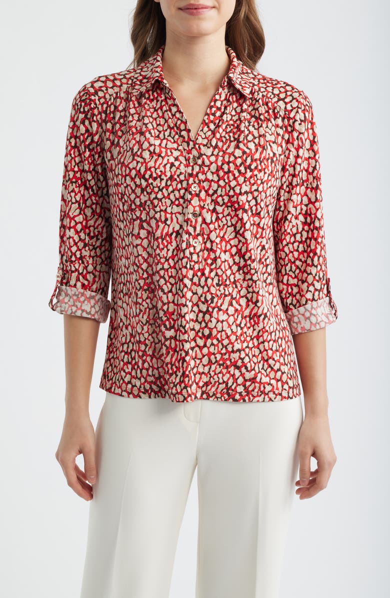 AK ANNE KLEIN Abstract Print Button-Up Shirt, Main, color, Begonia Red Mlt