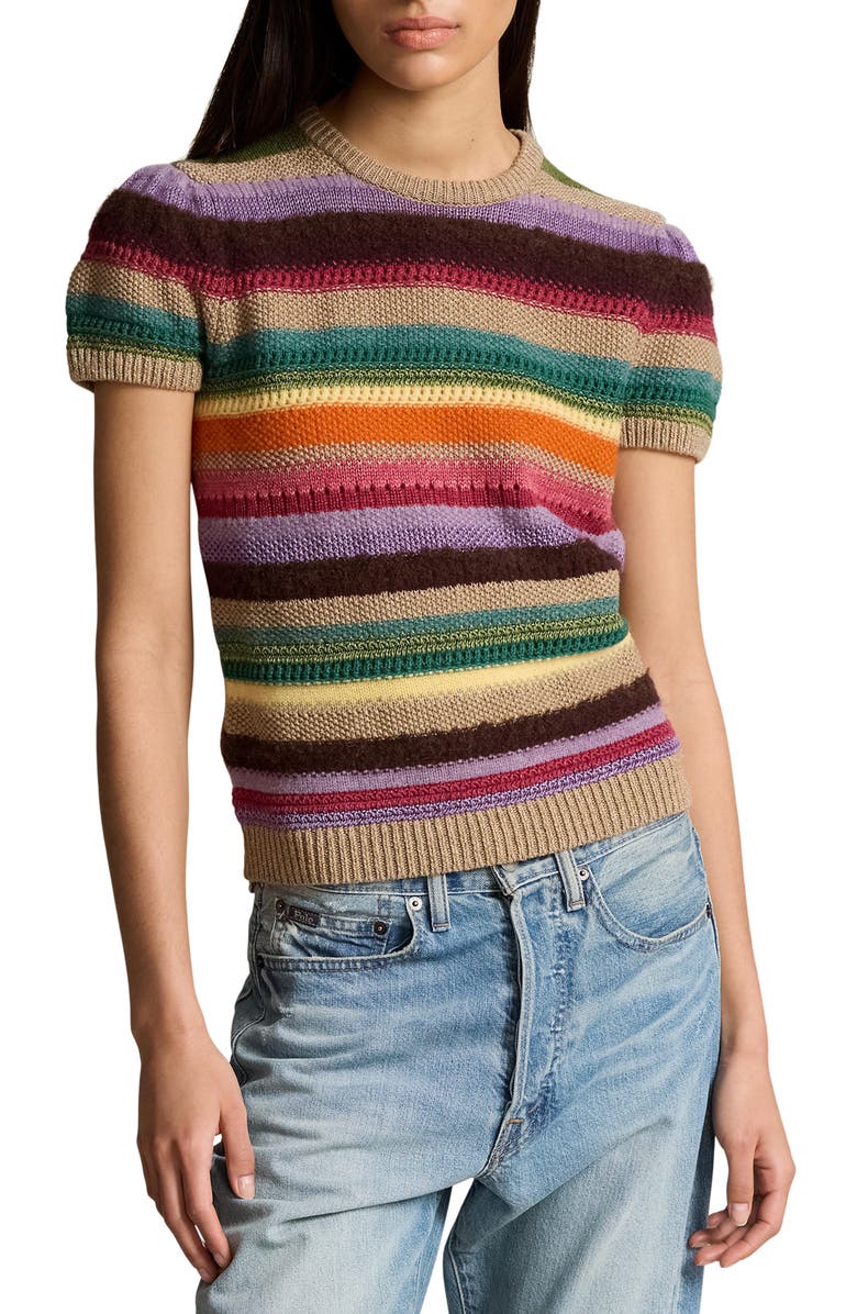 Polo Ralph Lauren Stripe Linen Blend Short Sleeve Sweater, Main, color, 