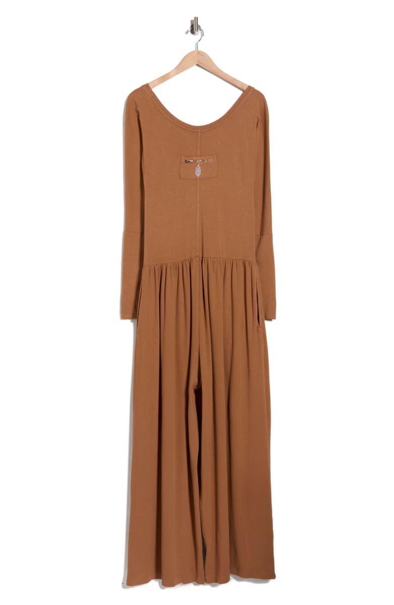 Free People FP Movement Hot Shot Wide Leg Long Sleeve Jumpsuit, Alternate, color, Tan
