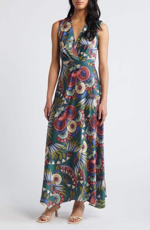 Feather Floral Satin Maxi Dress