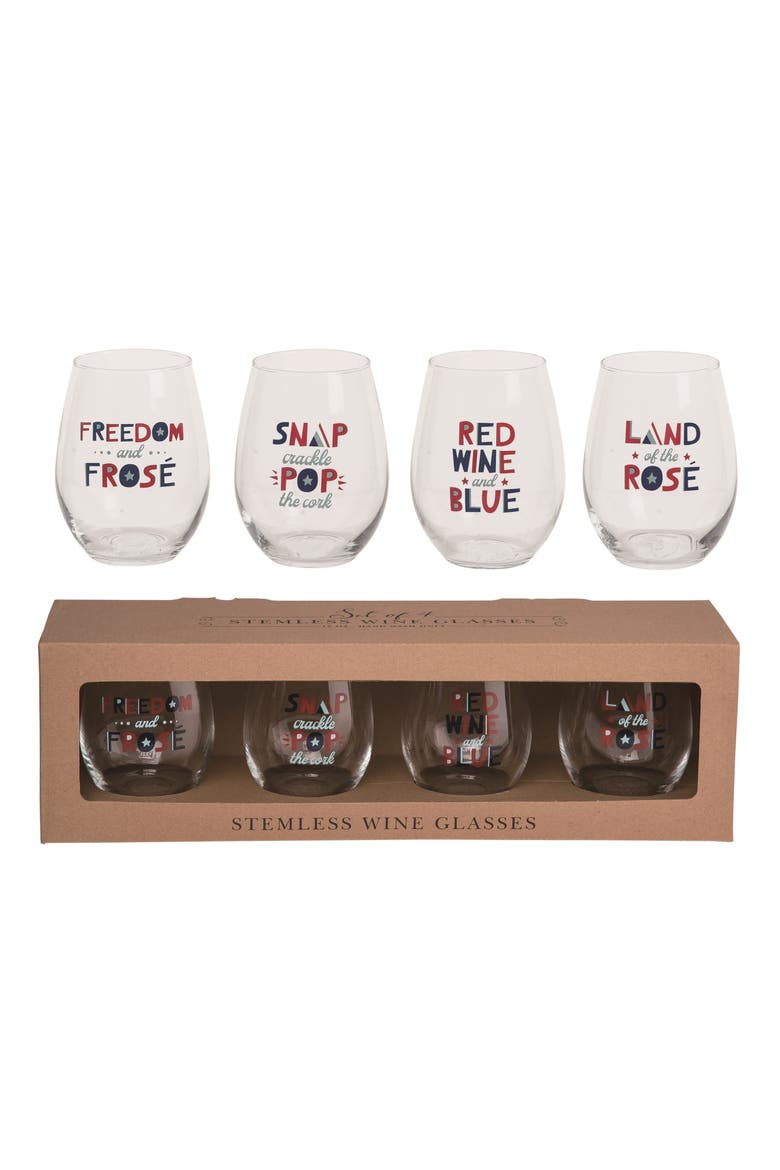 18oz Clear Patriotic Stemless Glasses Set of 4 Perfect for July 4th Celebrations and Drinkware, Main, color, Clear