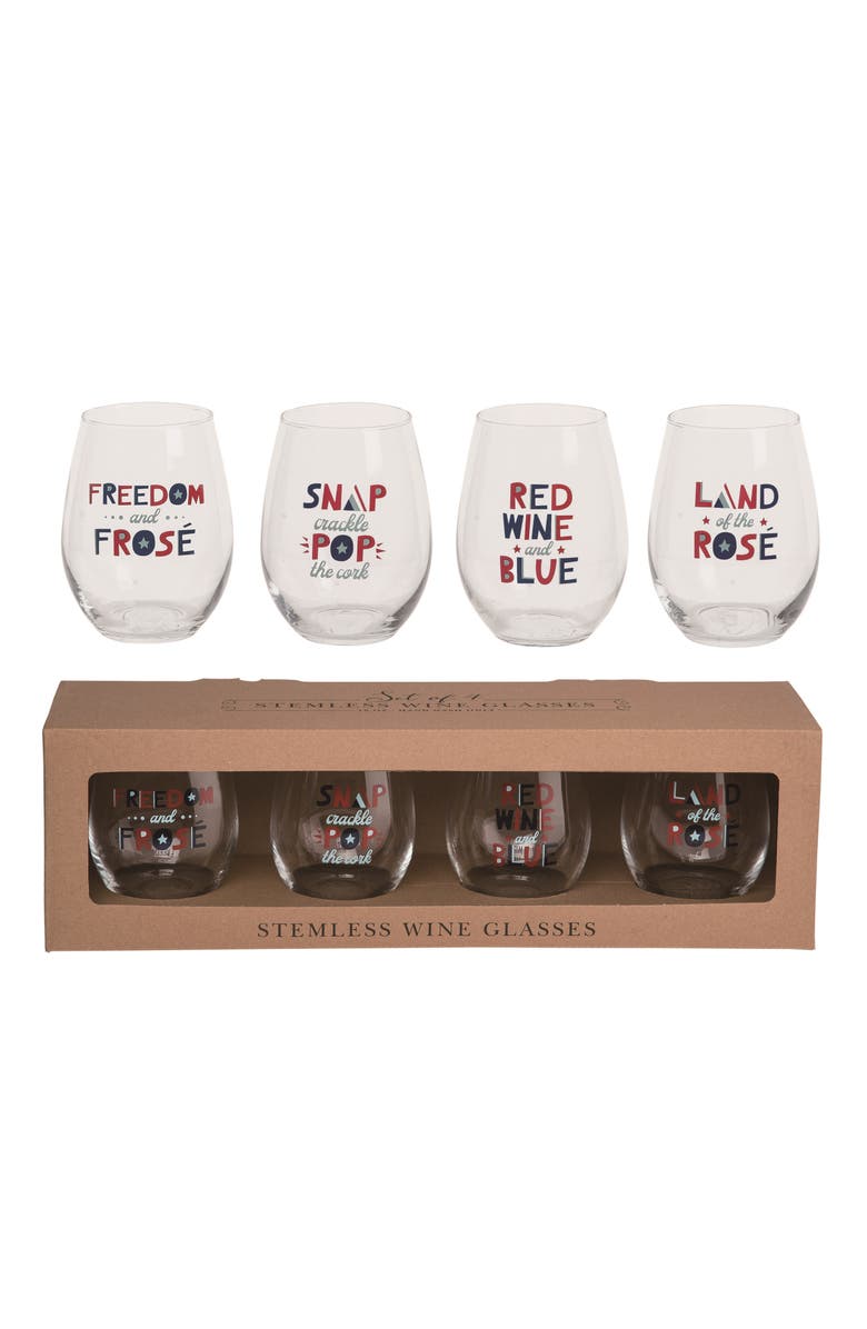 Transpac 18oz Clear Patriotic Stemless Glasses Set of 4 Perfect for July 4th Celebrations and Drinkware, Main, color, Clear