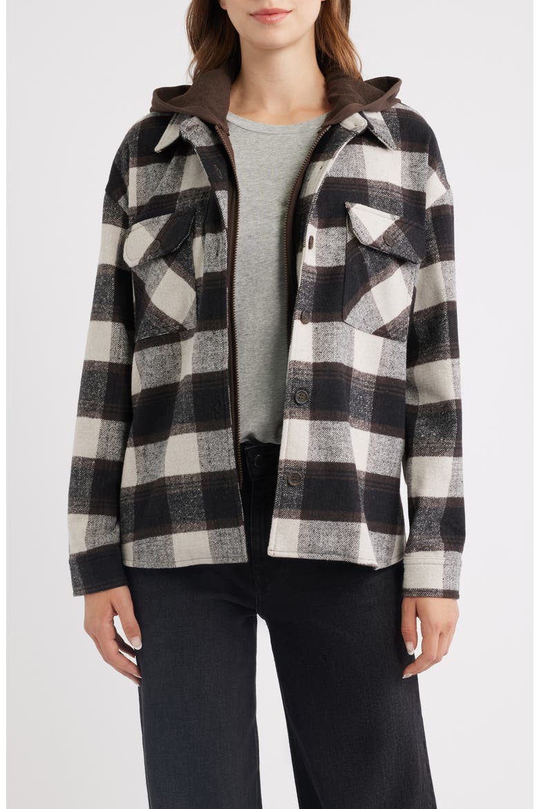 Plaid Hooded Shacket, Main, color, BLACK BROWN PLAID