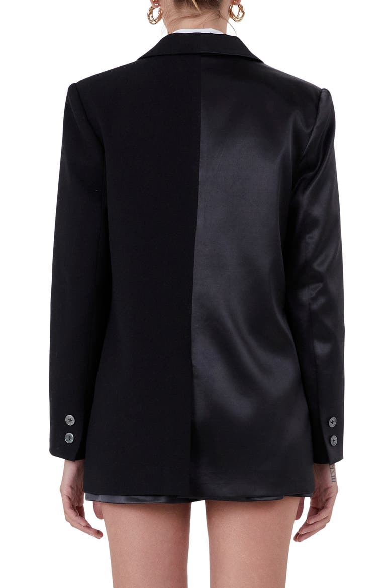 Mixed Media Satin Suit Blazer, Alternate, color, BLACK