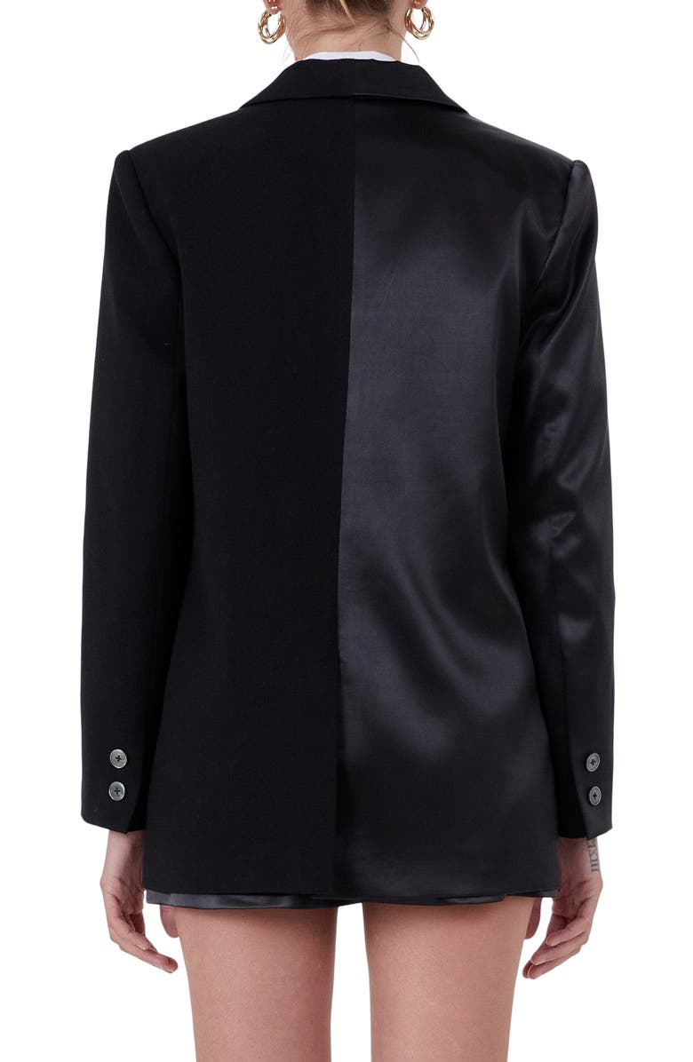 Endless Rose Mixed Media Satin Suit Blazer, Alternate, color, Black
